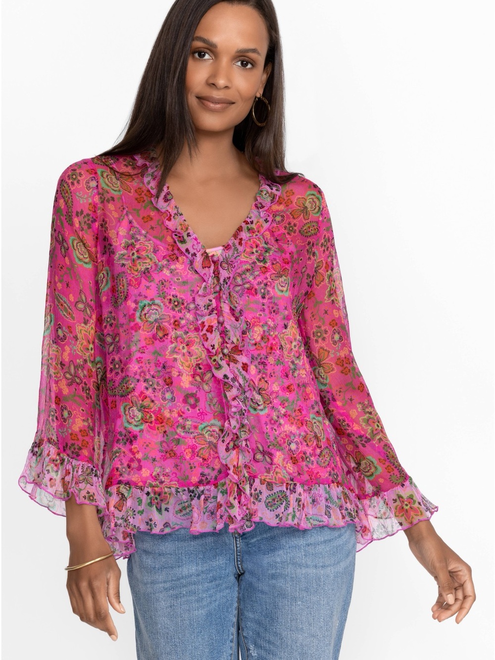 Johnny Was Pink Floral Ruffled V-Neck Blouse